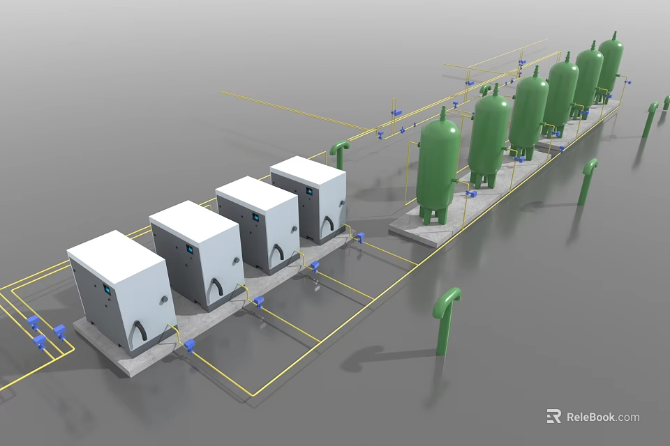 Modern Industrial Plant With Well Arranged White Equipment Green Tanks And Yellow Pipes 3d model 