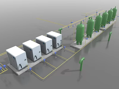 Modern Industrial Plant With Well Arranged White Equipment Green Tanks And Yellow Pipes 3d model