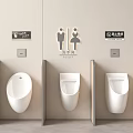 Wall Mounted Urinals In Public Restroom With Wooden Dividers Gender And Accessible Signs