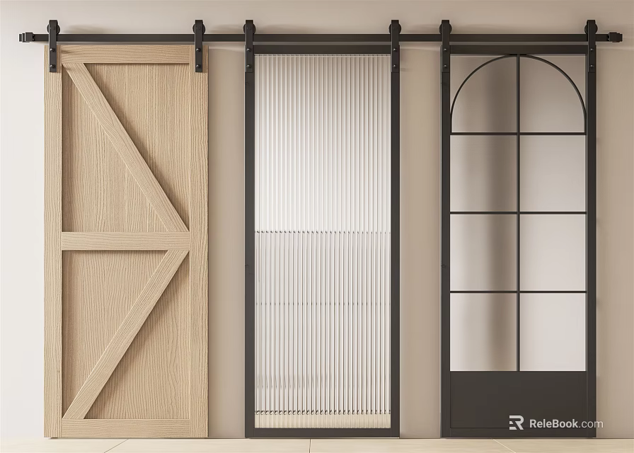 Stylish Modern Barn Doors With Wooden Frame Ribbed Glass And Arched Panels 3d model 