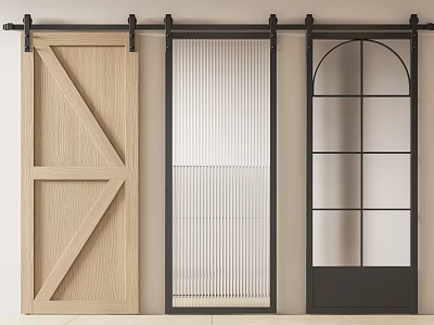 Stylish Modern Barn Doors With Wooden Frame Ribbed Glass And Arched Panels 3d model