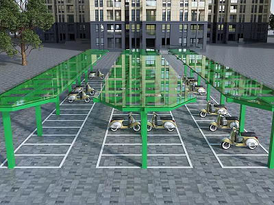 Modern Residential Community Electric Scooter Parking Lot With Sturdy Green Framed Glass Sunshade Structure 3d model