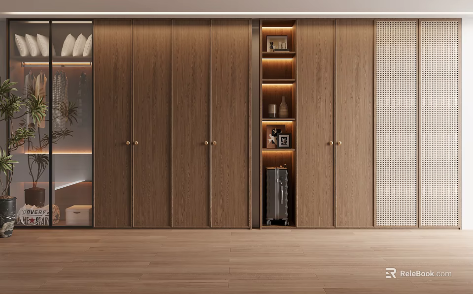 Modern Elegant Wooden Wardrobe Design With Glass Panel Doors And Built in Shelves 3d model 