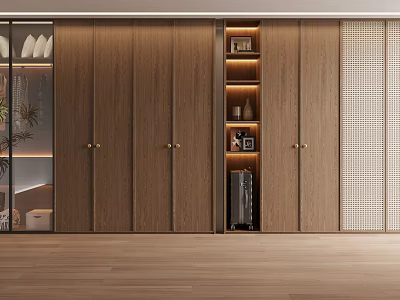 Modern Elegant Wooden Wardrobe Design With Glass Panel Doors And Built in Shelves 3d model