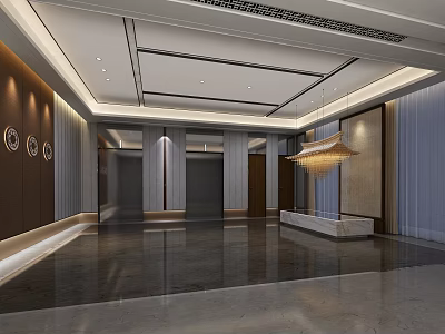 Modern Elevator Lobby Interior With Luxury Chandelier Marble Flooring And Decorative Columns 3d model
