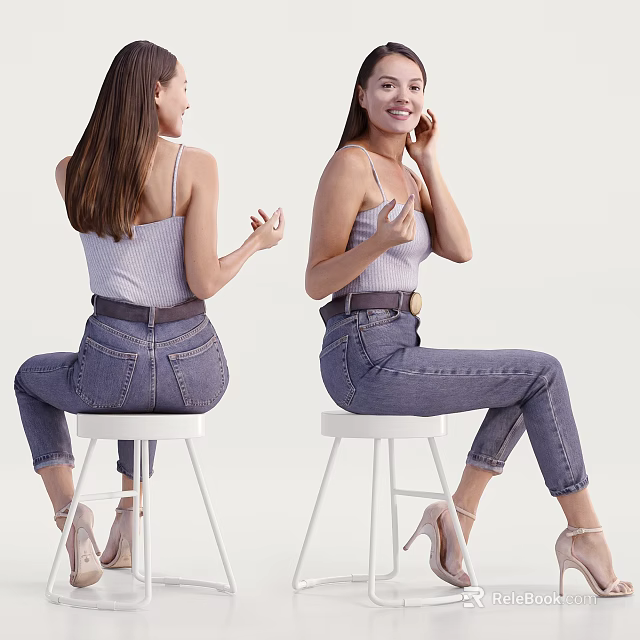 Woman In White Tank Top And Blue Jeans Sitting On Stool Gesturing With High Heels 3d model 