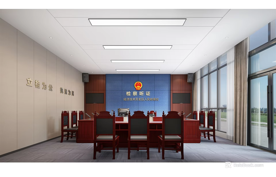 People's Court Formal Interior With Trial Tables Chairs And Large Windows 3d model 