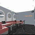 Modern KTV Interior Design With Red Sofas Circular Mirrors Neon Signs And Black Marble Flooring