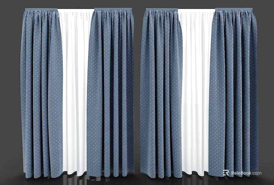 Blue Polka Dot Curtains With White Sheer Panels For Home Window Decoration 3d model 