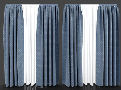 Blue Polka Dot Curtains With White Sheer Panels For Home Window Decoration 3d model