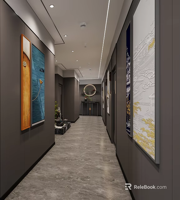 Elegant Tea House Corridor Interior With Gray Walls Decorative Paintings Round Mirror And Lighting Strips 3d model 