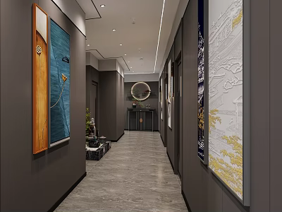 Elegant Tea House Corridor Interior With Gray Walls Decorative Paintings Round Mirror And Lighting Strips 3d model