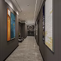 Elegant Tea House Corridor Interior With Gray Walls Decorative Paintings Round Mirror And Lighting Strips
