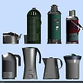 Various Kitchen Containers With Green Silver And Patterned Designs Including Electric Kettle And Teapot