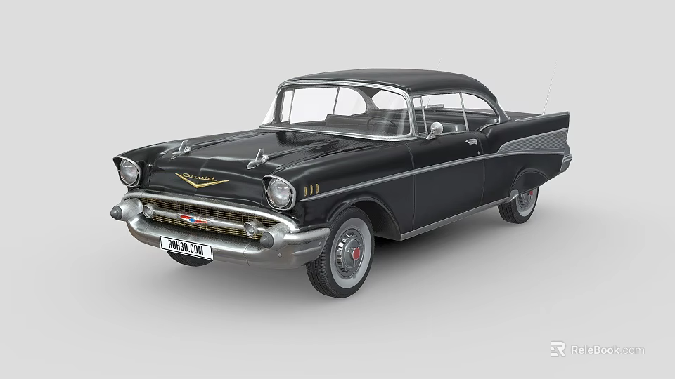 Black Vintage Classic Car With Chrome Grille Headlights And White Wall Tires 3d model 