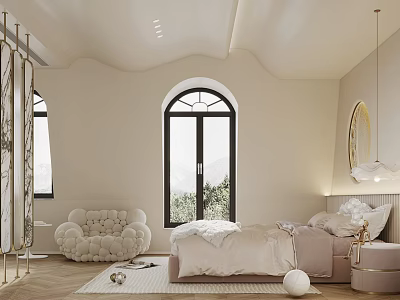 Elegant Bedroom Interior With Arched Window White Bed Plush Chair And Round Mirror 3d model