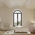 Elegant Bedroom Interior With Arched Window White Bed Plush Chair And Round Mirror