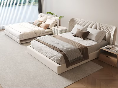 White Modern Double Bed in Minimalist Bedroom with Nightstand Green Plant Carpet and Wooden Floor 3d model