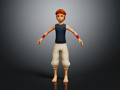 Game Character With Red Hair Blue Tank Top White Baggy Pants And Red Wristbands 3d model