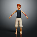 Game Character With Red Hair Blue Tank Top White Baggy Pants And Red Wristbands
