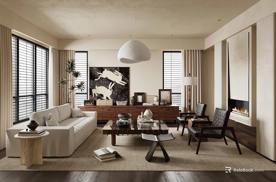 Modern Living Room Interior With White Sofa Coffee Table Pendant Light And Artwork 3d model 