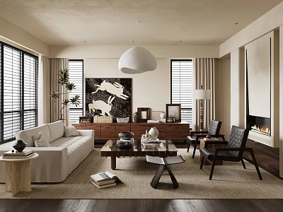 Modern Living Room Interior With White Sofa Coffee Table Pendant Light And Artwork 3d model