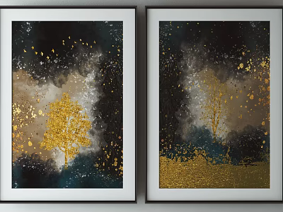 Two Panel Abstract Wall Art With Golden Tree Dark Background And Splatters 3d model