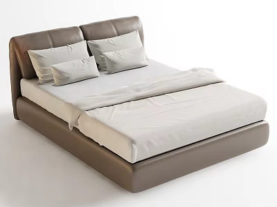 Modern Double Bed With Brown Leather Headboard And Light Colored Bedding 3d model