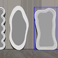 White Mirrors of Various Shapes Leaning Against Textured Wall Reflecting Outdoor Views on Gray Floor