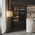 Modern Restaurant Interior With Marble Counter Wine Rack Pendant Lights Decorative Flowers And Chairs