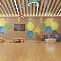 Elevator Hallway Interior Design With Wooden Ceiling Lighting Strips And Colorful Hexagonal Decor 3d model