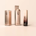 Elegant Perfume Cosmetics Collection With Gold Bottles Black Packaging Brand Cards And Decorative Plants