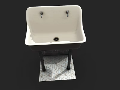 White Washbasin With Double Faucets Black Stand And Hexagonal Tile Base 3d model