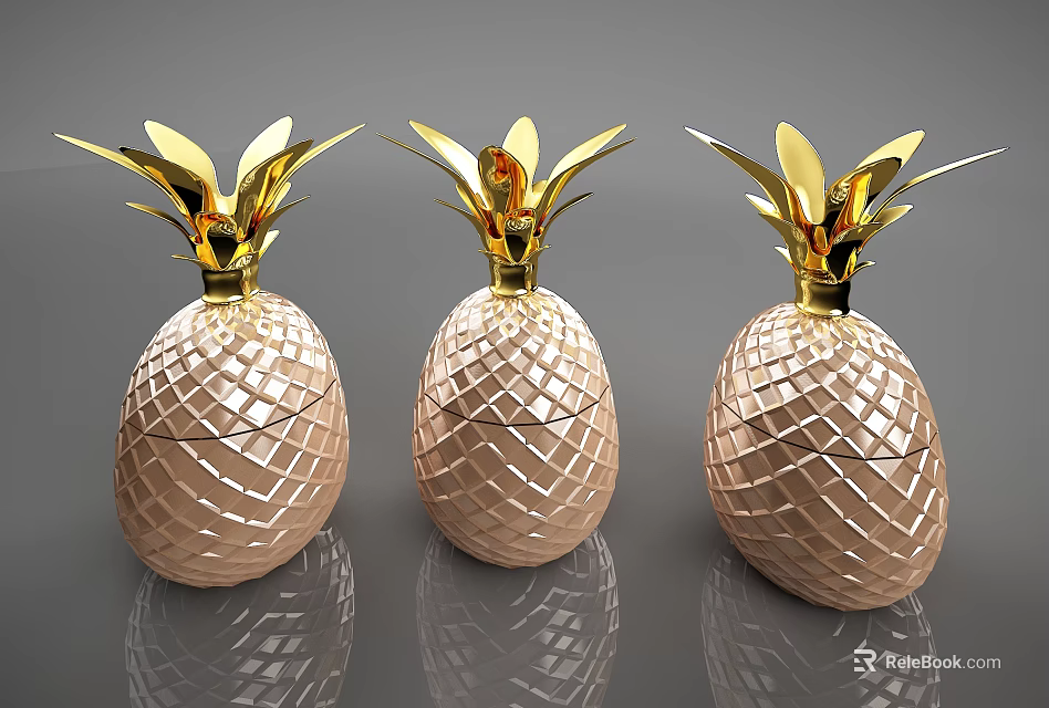 Three Diamond Patterned Pineapple Decorative Ornament Set With Golden Leaves For Home Decor 3d model 