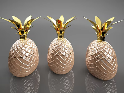 Three Diamond Patterned Pineapple Decorative Ornament Set With Golden Leaves For Home Decor 3d model