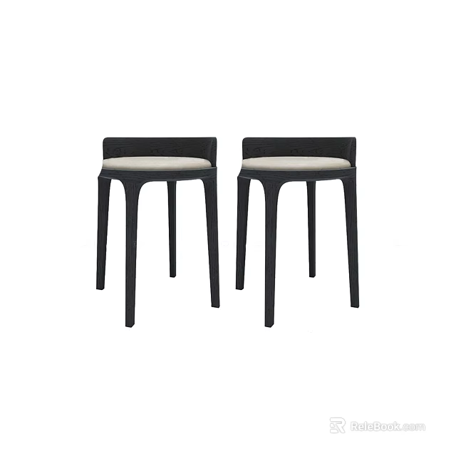 Two Modern Black Frame Kitchen Stools With Light Upholstered Seats 3d model