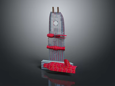Modern Architectural Model Featuring Tall Glass Structure With Red Decorative Elements And Design 3d model
