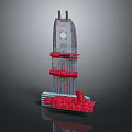 Modern Architectural Model Featuring Tall Glass Structure With Red Decorative Elements And Design