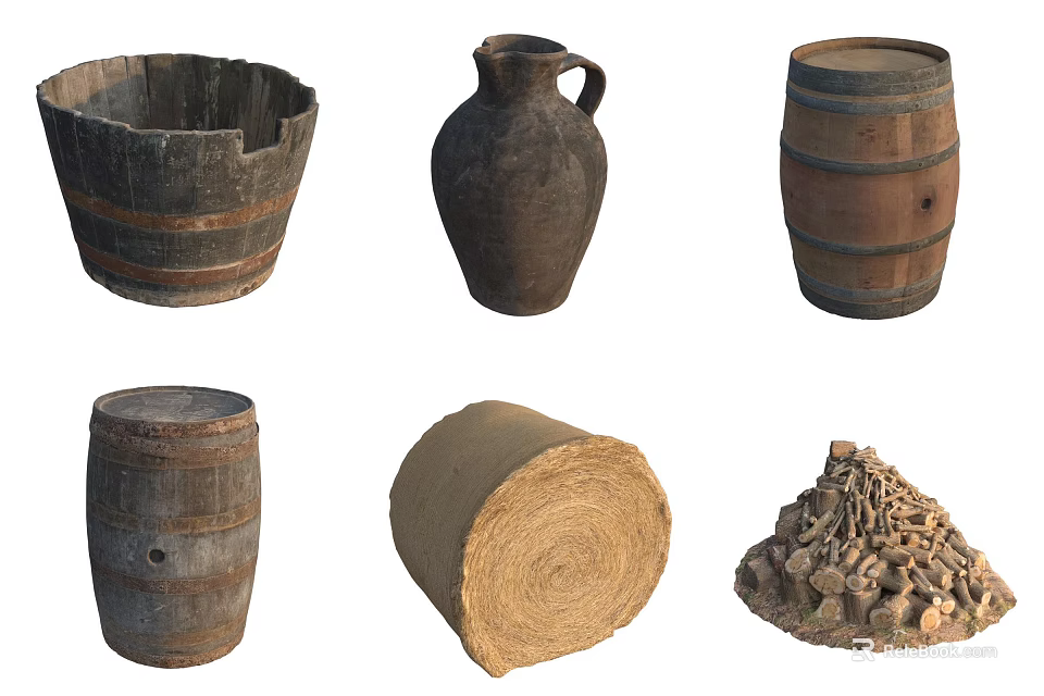 Natural Stone and Wood Crafted Items Wooden Barrels Clay Jug Straw Bale and Stone Pile 3d model 