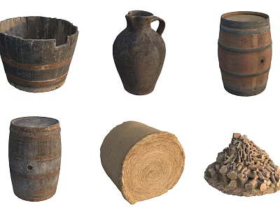 Natural Stone and Wood Crafted Items Wooden Barrels Clay Jug Straw Bale and Stone Pile 3d model