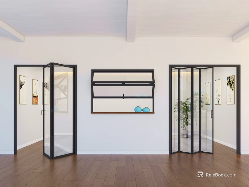 Modern Glass Folding Doors With Black Frames White Walls And Wooden Floor 3d model 