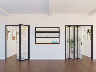 Modern Glass Folding Doors With Black Frames White Walls And Wooden Floor 3d model