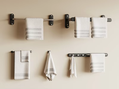 Bathroom Accessories Featuring Various Wall Mounted Towel Racks And Striped Towels 3d model
