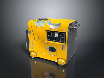 Vintage Yellow Portable Generator With Worn Surface Wheels And Control Panel 3d model