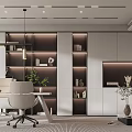 Modern Open Concept Office Interior Design With White Furniture Bookshelves Pendant Lights And Green Plants