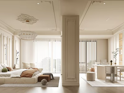Luxurious Beige Bedroom Interior With King Size Bed Chandelier And Study Corner 3d model