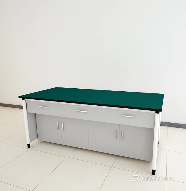 Practical Functional Desk with Green Tabletop White Cabinet Simple Structure Drawers and Doors 3d model