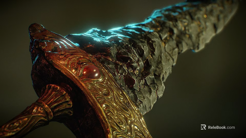 Ancient Ornate Sword with Golden Intricate Design and Red Gemstone Embedded on Detailed Hilt 3d model 