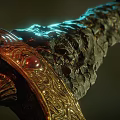 Ancient Ornate Sword with Golden Intricate Design and Red Gemstone Embedded on Detailed Hilt