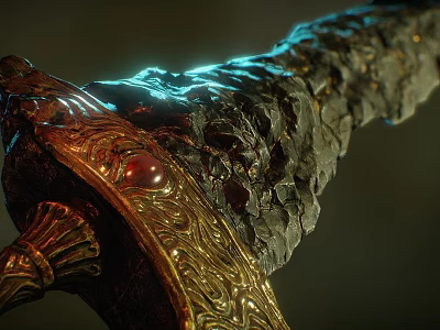 Ancient Ornate Sword with Golden Intricate Design and Red Gemstone Embedded on Detailed Hilt 3d model